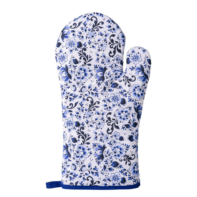 Heinen Delfts Blauw ovenwant Bloemen wit